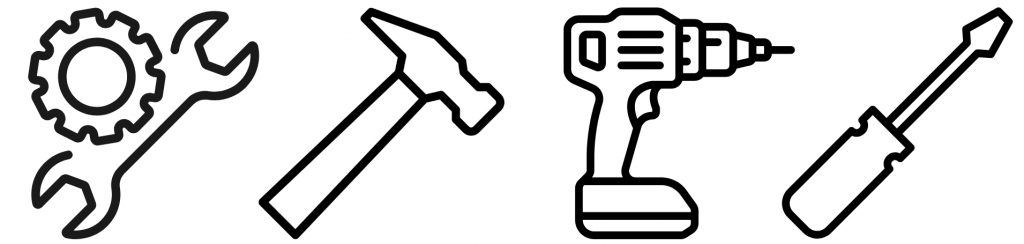 graphic image of four tools in a row, a wrench, hammer drill and screwdriver